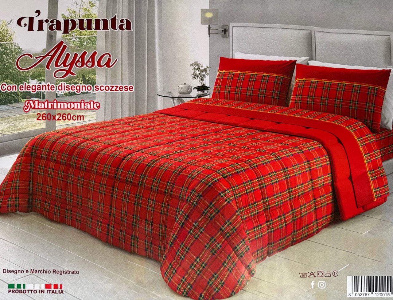 Trapunta Piumone Alyssa con elegante disegno tartan e lenzuola abbinate