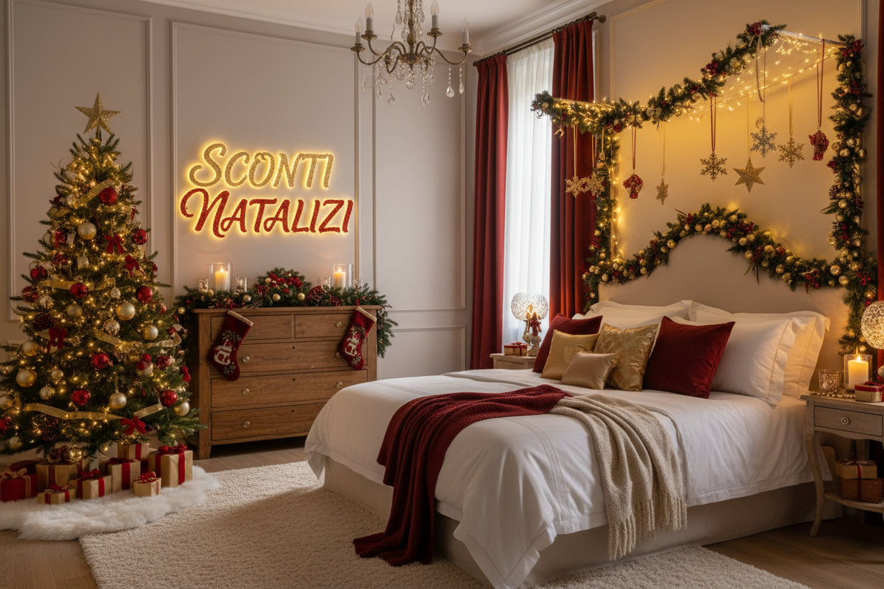 camera da letto addobbata per natale con scritta "SCONTI NATALIZI"