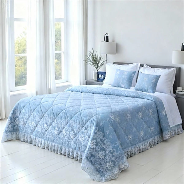 Trapunta Piumone Venezia con ricami in rilievo rifatto con pizzo rebrodè e 2 cuscini arredo coordinati