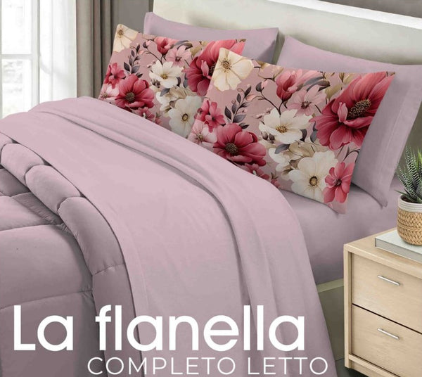 Completo Lenzuola Fiori in flanella con 4 federe
